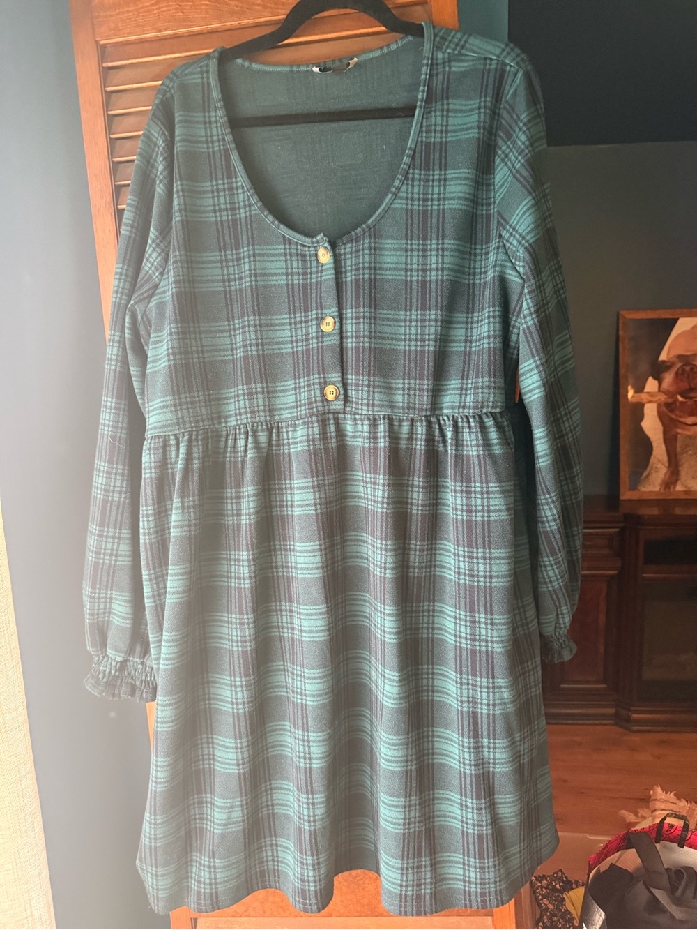 Women’s Green and Black Plaid Long-Sleeve Dress